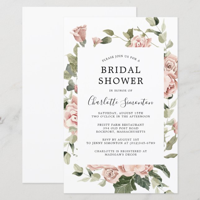 Papier Invitation Fête des mariées Budget Rose Floral Euc (Devant / Derrière)