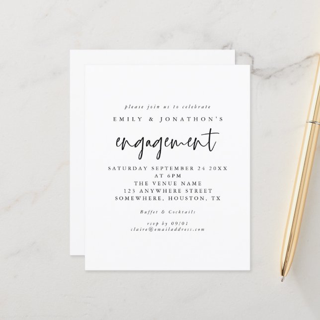 Papier Invitation Fiançailles noir blanc de script simple (Devant/Arrière en situation)
