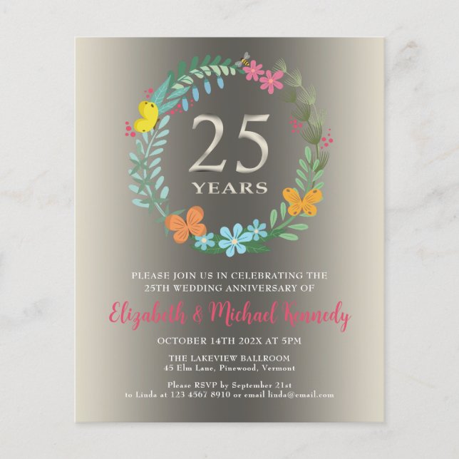 Papier Invitation florale du 25e anniversaire du Mariage  (Devant)