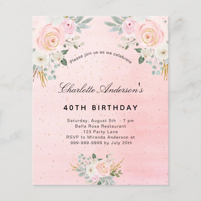 Papier Invitation florale rose vif pour anniversaire budg (Devant)