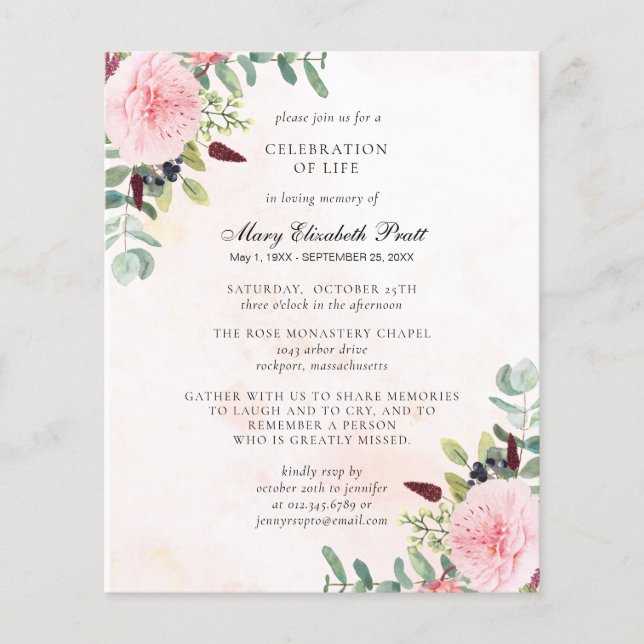 Papier Invitation funéraire Budget Pink Peony Eucalyptus (Devant)