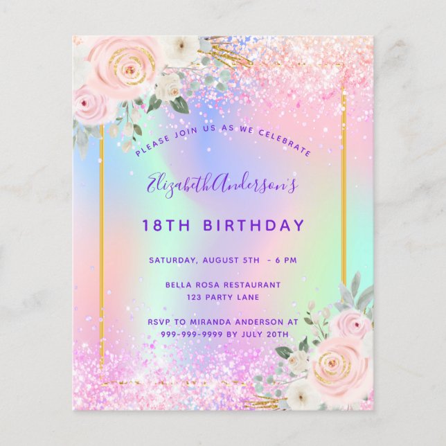 Papier Invitation holographique rose violet d'anniversair (Devant)