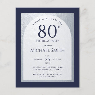 Papier Invitation homme 80 ans budget bleu marine argent