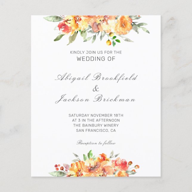 Papier Invitation Mariage de automne Floral Budget (Devant)