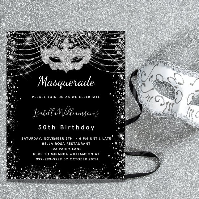 Papier Invitation Masquerade budget argent noir (Créateur téléchargé)