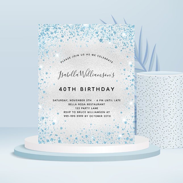 Papier Invitation pailletée argent et bleu pour anniversa (Créateur téléchargé)