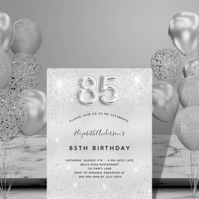 Papier Invitation pailletée argent pour 85e anniversaire (Créateur téléchargé)