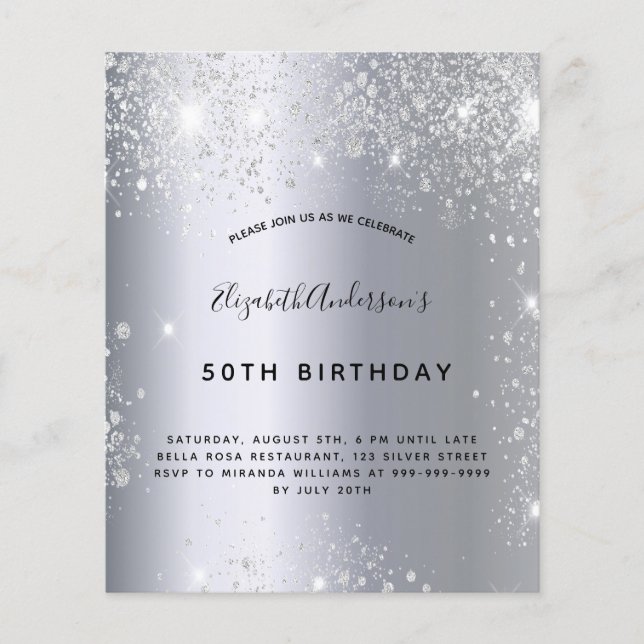 Papier Invitation pailletée argent pour anniversaire (Devant)