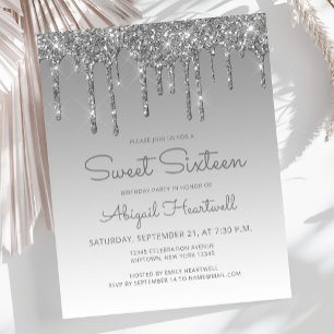Papier Invitation pas chère Sweet 16 Glitter Drip Argent