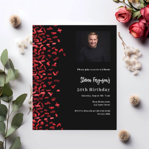 Papier Invitation photo noir rouge anniversaire