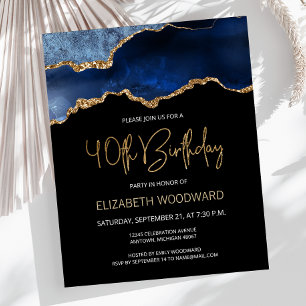 Papier Invitation pour 40 ans Budget Blue Gold Agate