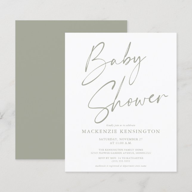 Papier Invitation pour Baby Shower Budget Sage Olive Gree (Devant / Derrière)