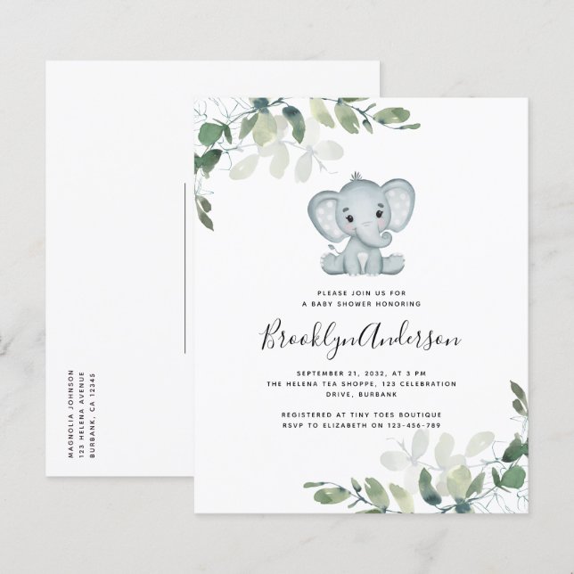 Papier Invitation pour Baby Shower éléphant eucalyptus BU (Devant / Derrière)