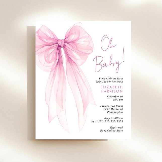 Papier Invitation pour Baby Shower Fille au Nœud Rose Coq (Celebrate the upcoming arrival of your baby girl with a cute baby shower invite at a budget price)