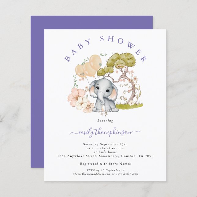 Papier Invitation pour la Baby Shower de Bébé Éléphant au (Devant / Derrière)