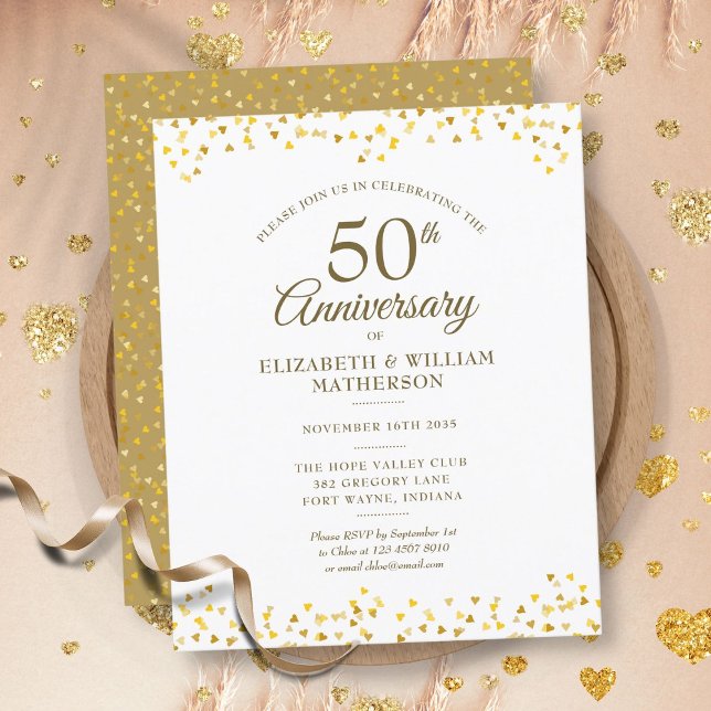 Papier Invitation pour le 50e anniversaire de mariage Cœu (Budget 50th Anniversary Gold Hearts Invitation)