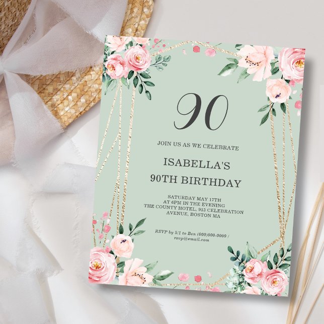 Papier Invitation pour les 90 ans de Sage Floral, budget (Créateur téléchargé)