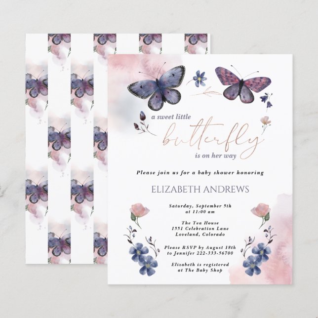 Papier Invitation pour une Baby Shower "Petit Papillon" à (Devant / Derrière)