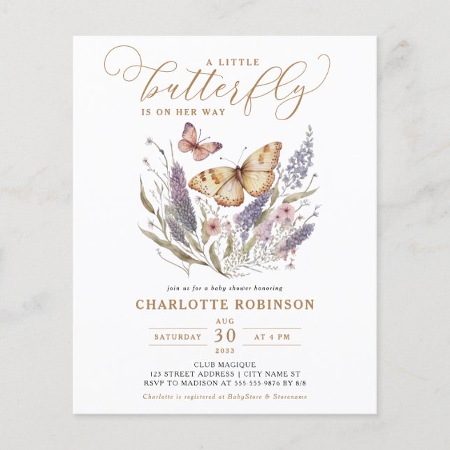 Papier Invitation pour une Baby Shower Rose Papillon Pas  (Devant)