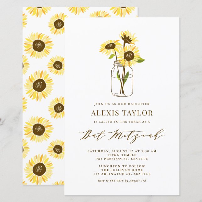 Papier Invitation pour une Bat Mitzvah avec des tournesol (Devant / Derrière)