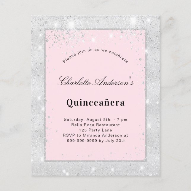 Papier Invitation Quinceanera argent poussière de paillet (Devant)