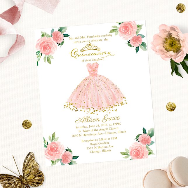 Papier Invitation Quinceanera Budget Robe Gold Blush (Créateur téléchargé)
