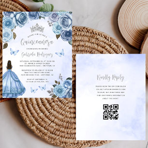 Papier Invitation Quinceañera Code QR Floral Bleu Budget