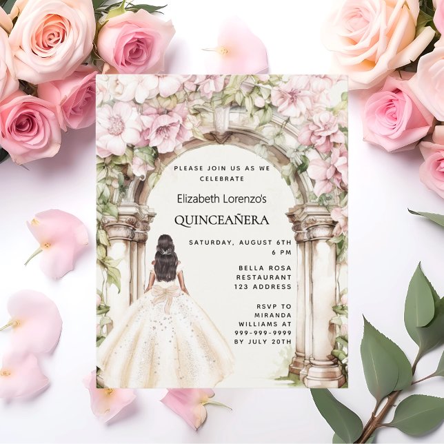 Papier Invitation Quinceanera robe à arc floral rose (Créateur téléchargé)