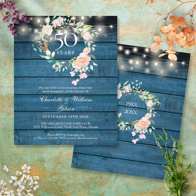 Papier Invitation Rustique Florale pour les 50 ans de Mar (Créateur téléchargé)