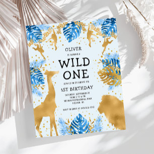 Papier Invitation Safari Bleu Or pour le 1er Anniversaire