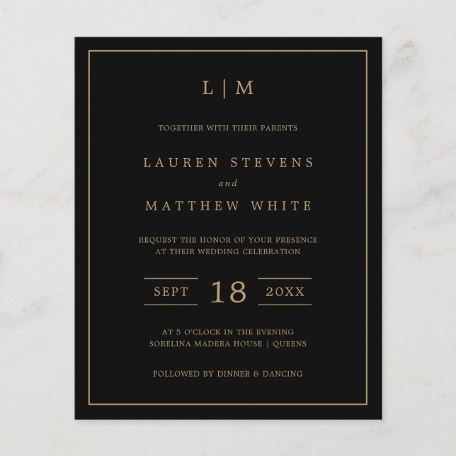Papier Invitation simple Black and Gold Budget Wedding (Devant)