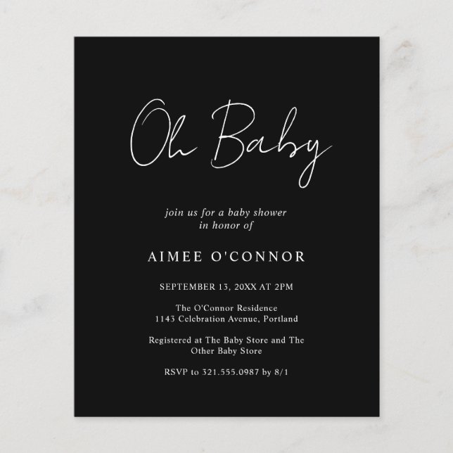 Papier Invitation simple de Baby shower de budget noir mo (Devant)