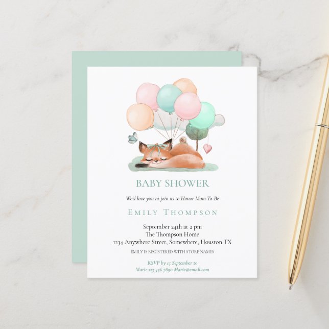 Papier Invitation sur le Baby shower Turquoise Fox mignon (Devant/Arrière en situation)