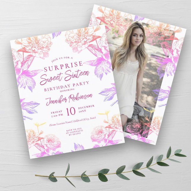 Papier Invitation SURPRISE Fleurs Arc-en-ciel Budget pour (Budget Rainbow Floral SURPRISE Sweet 16 Invite)