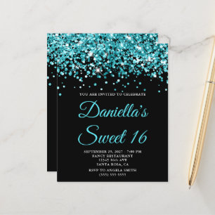 Papier Invitation Sweet 16 Budget Aqua Pailleté Noir