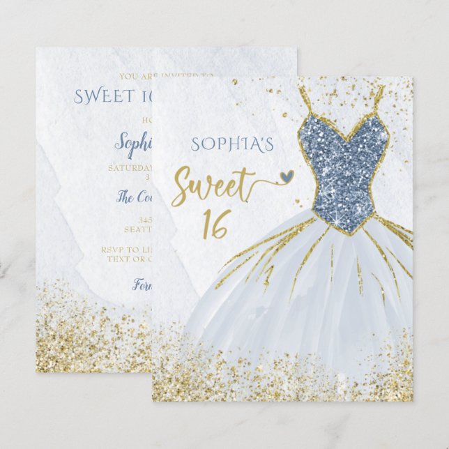 Papier Invitation Sweet 16 Robe Bleue Poussiéreuse Or Bud (Devant / Derrière)