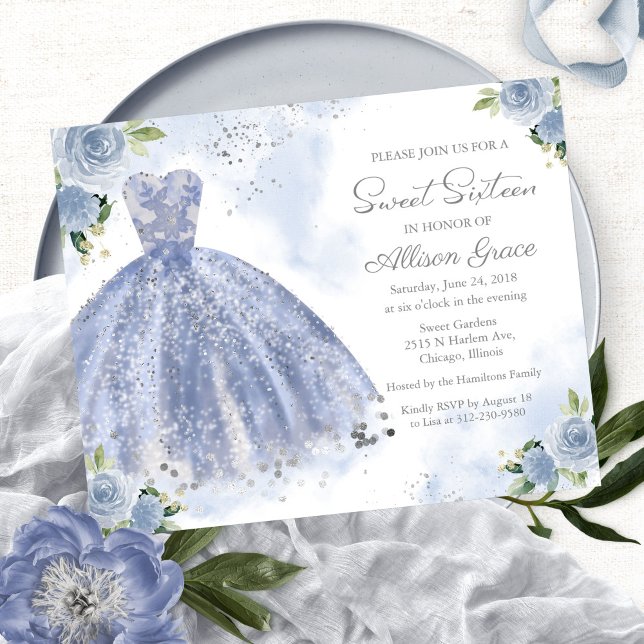 Papier Invitation Sweet sixteen Budget Silver Blue Gown (Créateur téléchargé)