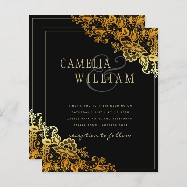 Papier Invitations Black Gold Lace Wedding (Devant / Derrière)