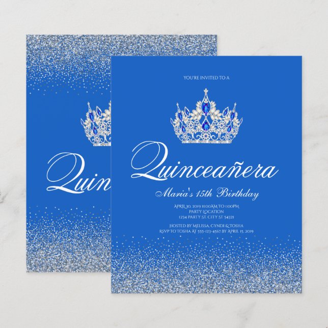 Papier Invitations Budget Blue et Silver Quinceanera (Devant / Derrière)
