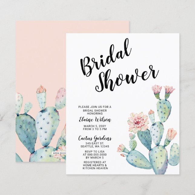 Papier Invitations de douche nuptiale de Blush Cactus Bud (Devant / Derrière)