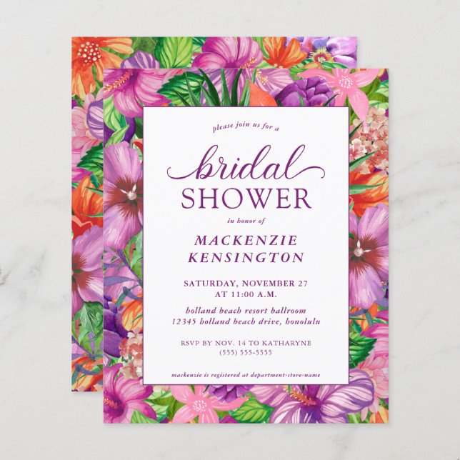 Papier Invitations de douche tropicale florale (Devant / Derrière)
