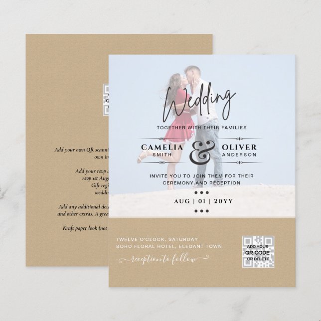 PAPIER INVITATIONS DE MARIAGE À CODE QR DE NUMÉRISATION P (Devant / Derrière)