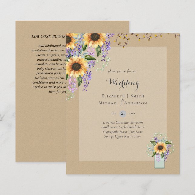 Papier INVITATIONS DE MARIAGE BUDGÉTAIRE - Tournesols rus (Devant / Derrière)