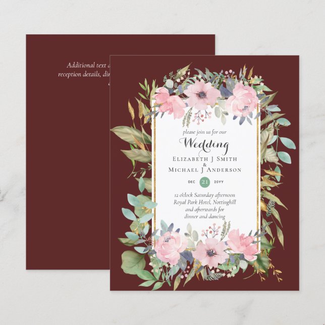 Papier Invitations de mariage floral rose rose BUDGET (Devant / Derrière)