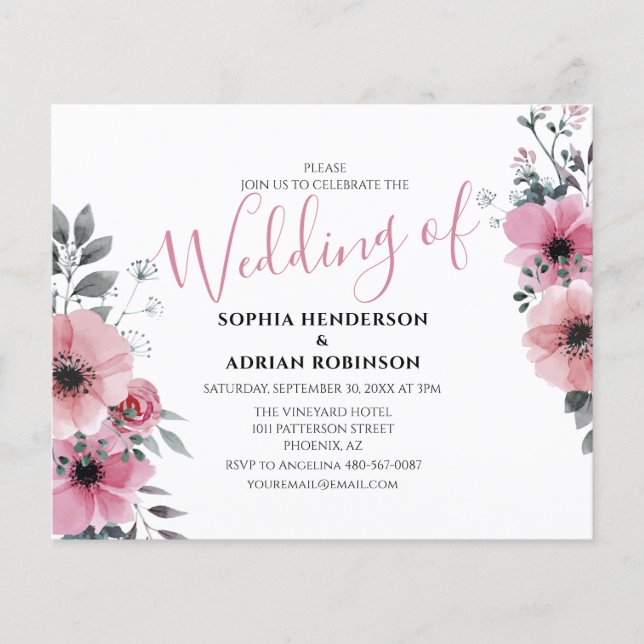 Papier Invitations de mariage rose floral Budget (Devant)