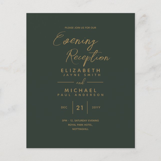Papier Invitations de réception du soir Mariage d'or vert (Devant)