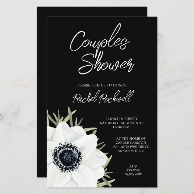 Papier Invitations de Wedding shower Floral Blanc Noir (Devant / Derrière)