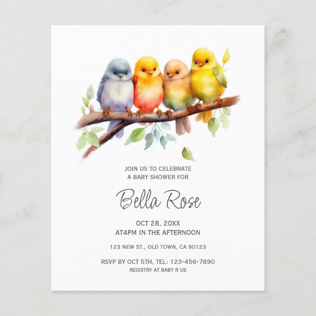 Papier Invitations du Baby shower aux oiseaux mignons du  (Devant)