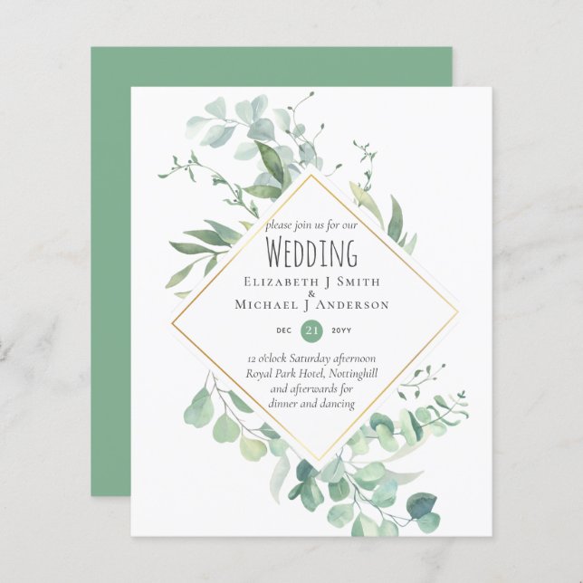 Papier Invitations du budget Mariage Eucalyptus (Devant / Derrière)