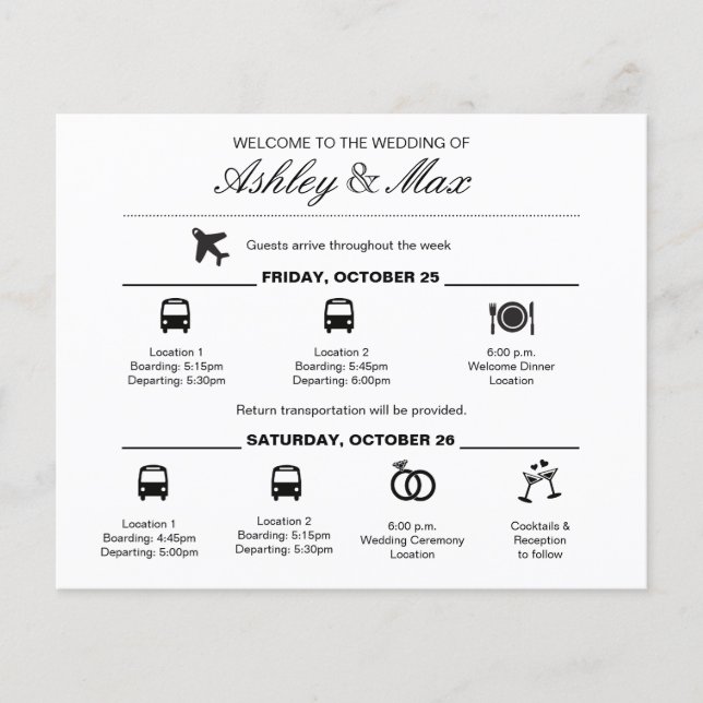 Papier Itinéraire de fin de semaine Mariage noir et blanc (Devant)